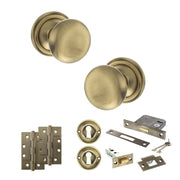 Atlantic Old English Harrogate Door Knob Pack (Lock Set - 3" Latch & Deadlock, 4" Slim Knuckle Hinges x2)