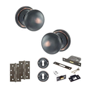 Atlantic Old English Harrogate Door Knob Pack (Lock Set - 3" Latch & Deadlock, 4" Slim Knuckle Hinges x2)