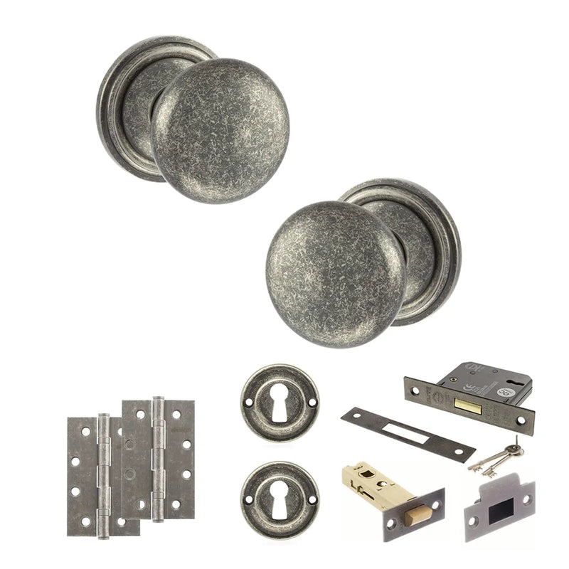 Atlantic Old English Harrogate Door Knob Pack (Lock Set - 3" Latch & Deadlock, 4" Slim Knuckle Hinges x2)