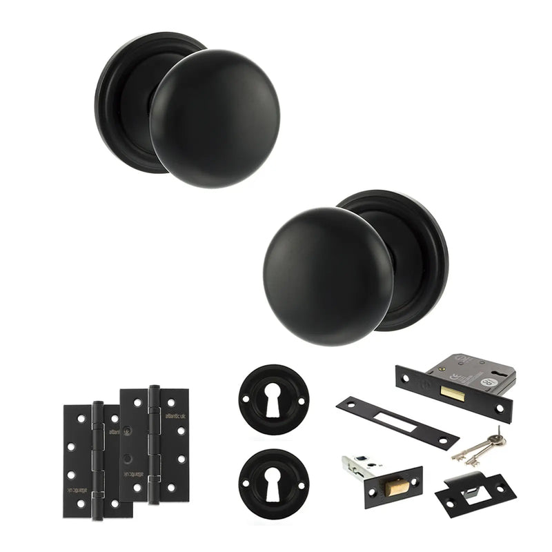 Atlantic Old English Harrogate Door Knob Pack (Lock Set - 3" Latch & Deadlock, 4" Slim Knuckle Hinges x2)
