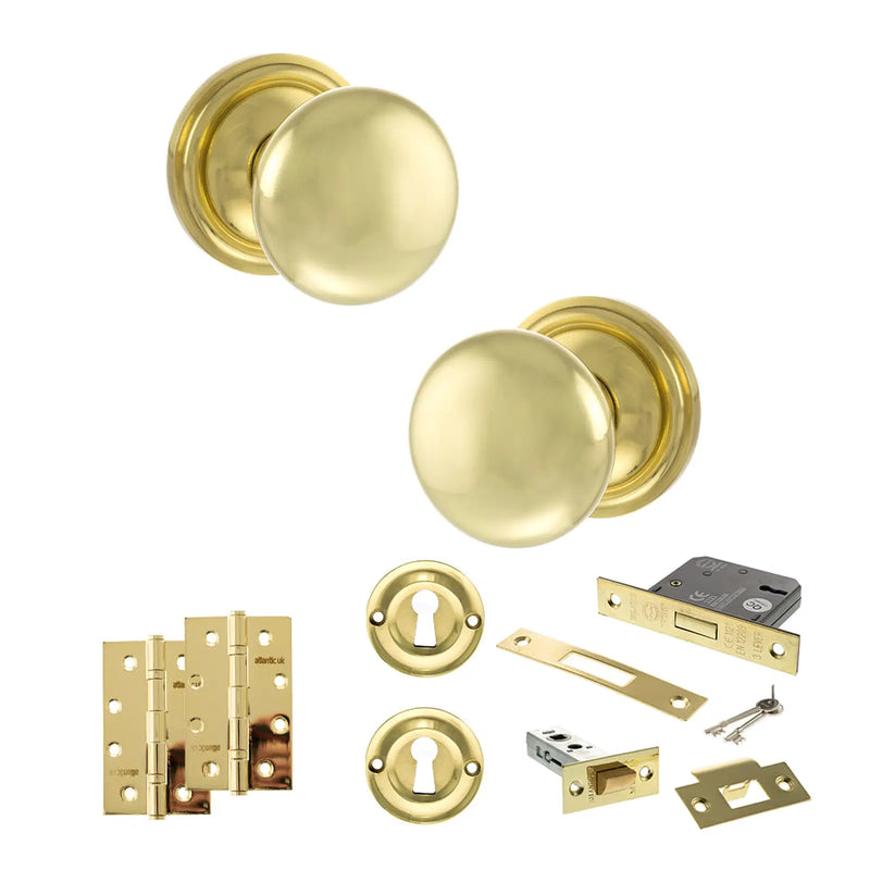 Atlantic Old English Harrogate Door Knob Pack (Lock Set - 3" Latch & Deadlock, 4" Slim Knuckle Hinges x2)