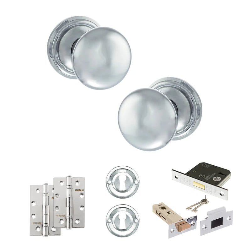Atlantic Old English Harrogate Door Knob Pack (Lock Set - 3" Latch & Deadlock, 4" Slim Knuckle Hinges x2)