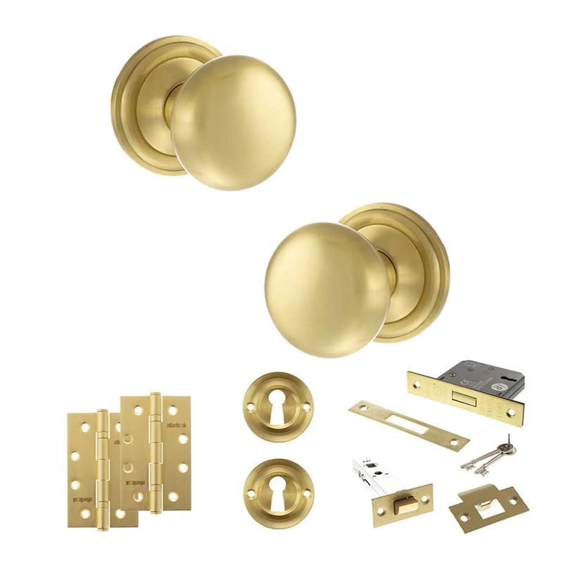 Atlantic Old English Harrogate Door Knob Pack (Lock Set - 3" Latch & Deadlock, 4" Slim Knuckle Hinges x2)