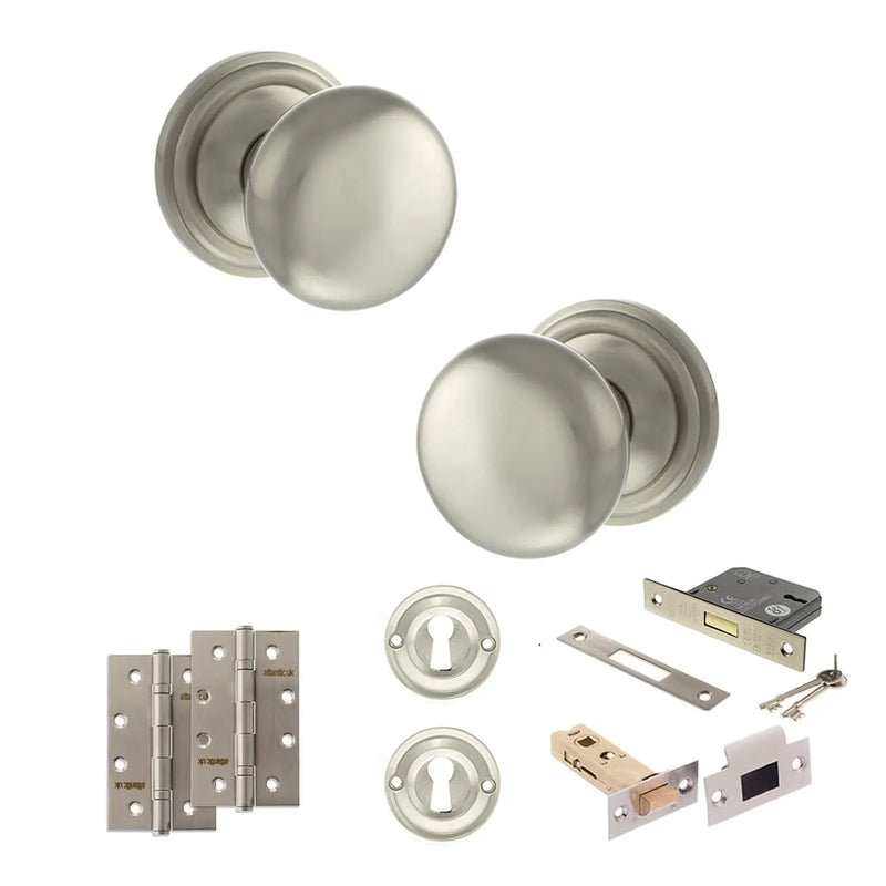 Atlantic Old English Harrogate Door Knob Pack (Lock Set - 3" Latch & Deadlock, 4" Slim Knuckle Hinges x2)