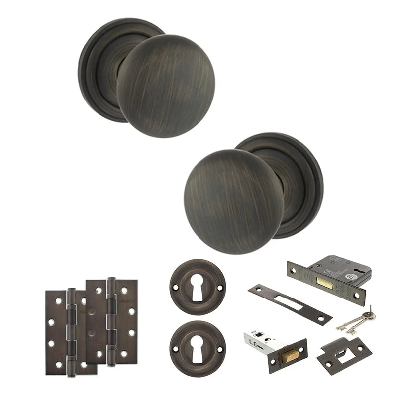 Atlantic Old English Harrogate Door Knob Pack (Lock Set - 3" Latch & Deadlock, 4" Slim Knuckle Hinges x2)