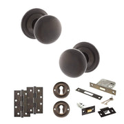 Atlantic Old English Harrogate Door Knob Pack (Lock Set - 3" Latch & Deadlock, 4" Slim Knuckle Hinges x2)