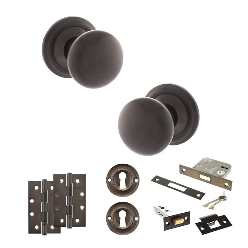 Atlantic Old English Harrogate Door Knob Pack (Lock Set - 3" Latch & Deadlock, 4" Slim Knuckle Hinges x2)