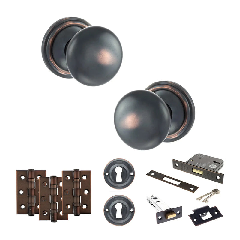 Atlantic Old English Harrogate Door Knob Pack (Lock Set - 3" Latch & Deadlock, 3" Fire Rated Hinges x3)