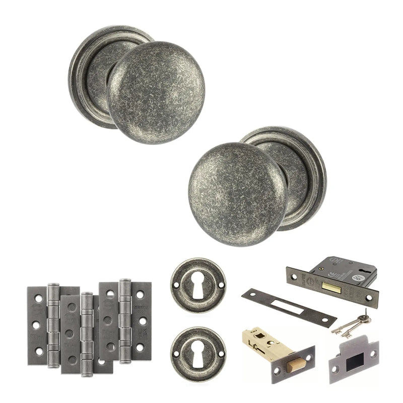 Atlantic Old English Harrogate Door Knob Pack (Lock Set - 3" Latch & Deadlock, 3" Fire Rated Hinges x3)