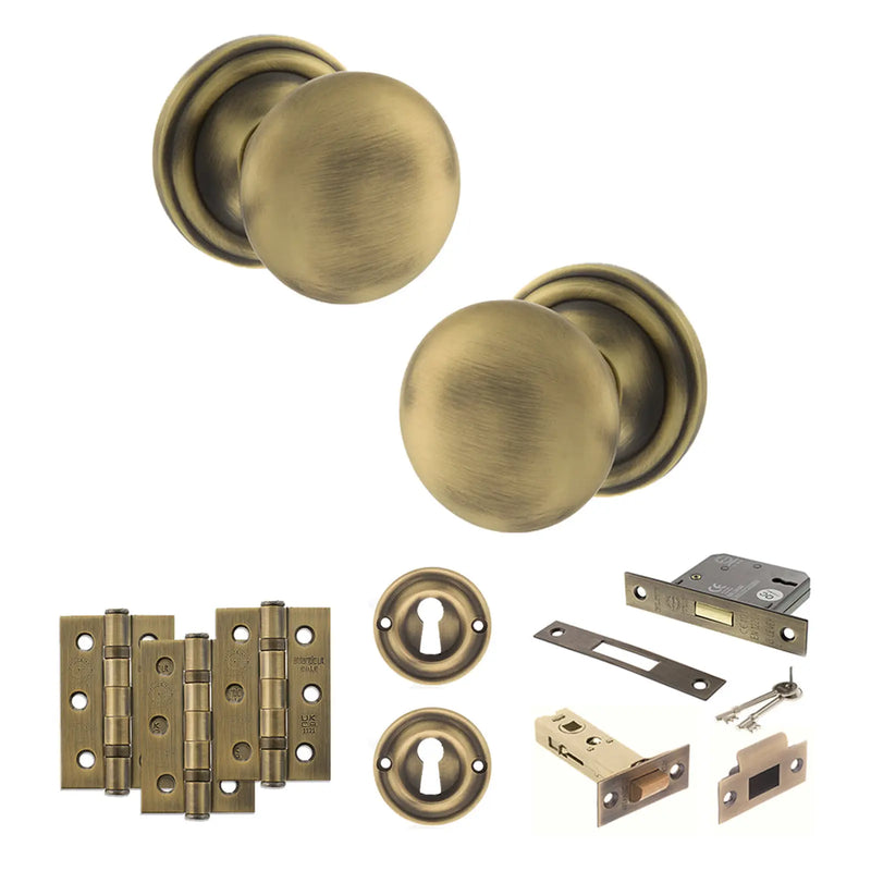 Atlantic Old English Harrogate Door Knob Pack (Lock Set - 3" Latch & Deadlock, 3" Fire Rated Hinges x3)