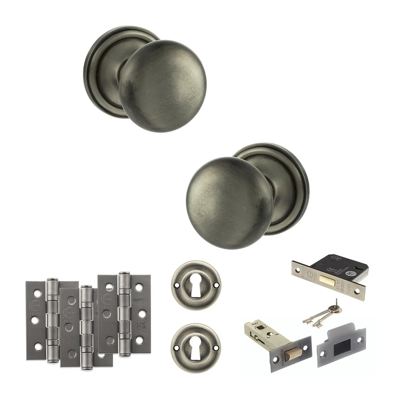 Atlantic Old English Harrogate Door Knob Pack (Lock Set - 3" Latch & Deadlock, 3" Fire Rated Hinges x3)