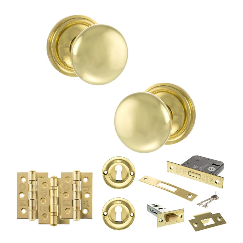 Atlantic Old English Harrogate Door Knob Pack (Lock Set - 3" Latch & Deadlock, 3" Fire Rated Hinges x3)