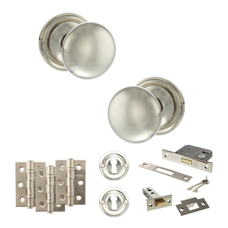 Atlantic Old English Harrogate Door Knob Pack (Lock Set - 3" Latch & Deadlock, 3" Fire Rated Hinges x3)