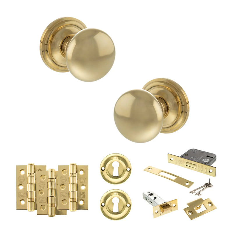 Atlantic Old English Harrogate Door Knob Pack (Lock Set - 3" Latch & Deadlock, 3" Fire Rated Hinges x3)