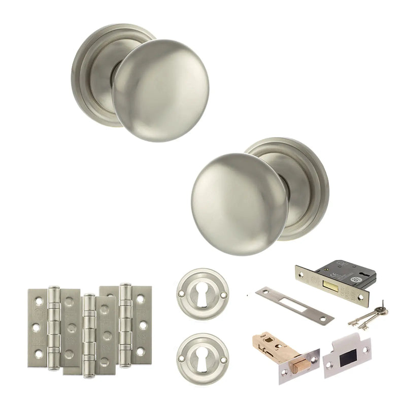 Atlantic Old English Harrogate Door Knob Pack (Lock Set - 3" Latch & Deadlock, 3" Fire Rated Hinges x3)