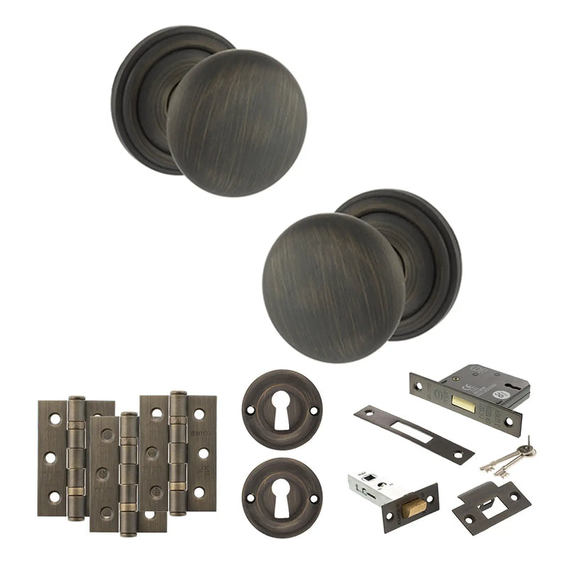 Atlantic Old English Harrogate Door Knob Pack (Lock Set - 3" Latch & Deadlock, 3" Fire Rated Hinges x3)