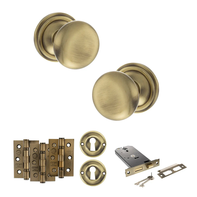 Atlantic Old English Harrogate Door Knob Pack (Lock Set - Horizontal Sashlock, 3" Fire Rated Hinges x3)