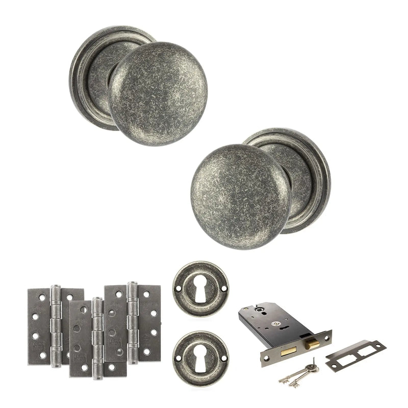 Atlantic Old English Harrogate Door Knob Pack (Lock Set - Horizontal Sashlock, 3" Fire Rated Hinges x3)