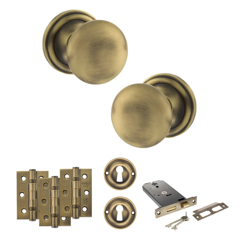 Atlantic Old English Harrogate Door Knob Pack (Lock Set - Horizontal Sashlock, 3" Fire Rated Hinges x3)