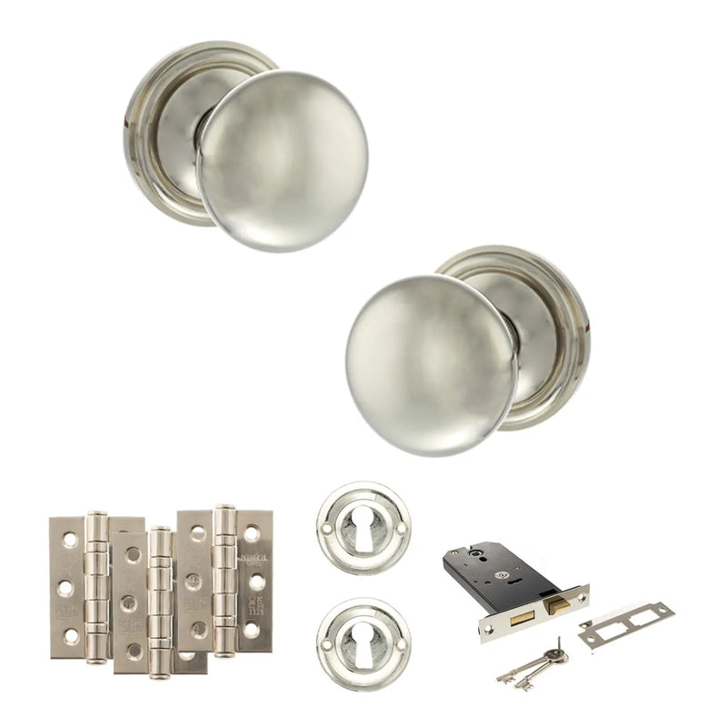 Atlantic Old English Harrogate Door Knob Pack (Lock Set - Horizontal Sashlock, 3" Fire Rated Hinges x3)