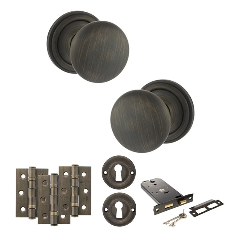 Atlantic Old English Harrogate Door Knob Pack (Lock Set - Horizontal Sashlock, 3" Fire Rated Hinges x3)