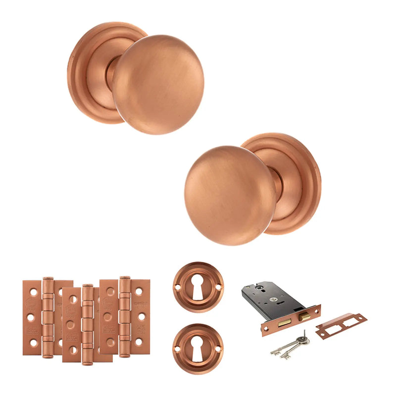 Atlantic Old English Harrogate Door Knob Pack (Lock Set - Horizontal Sashlock, 3" Fire Rated Hinges x3)