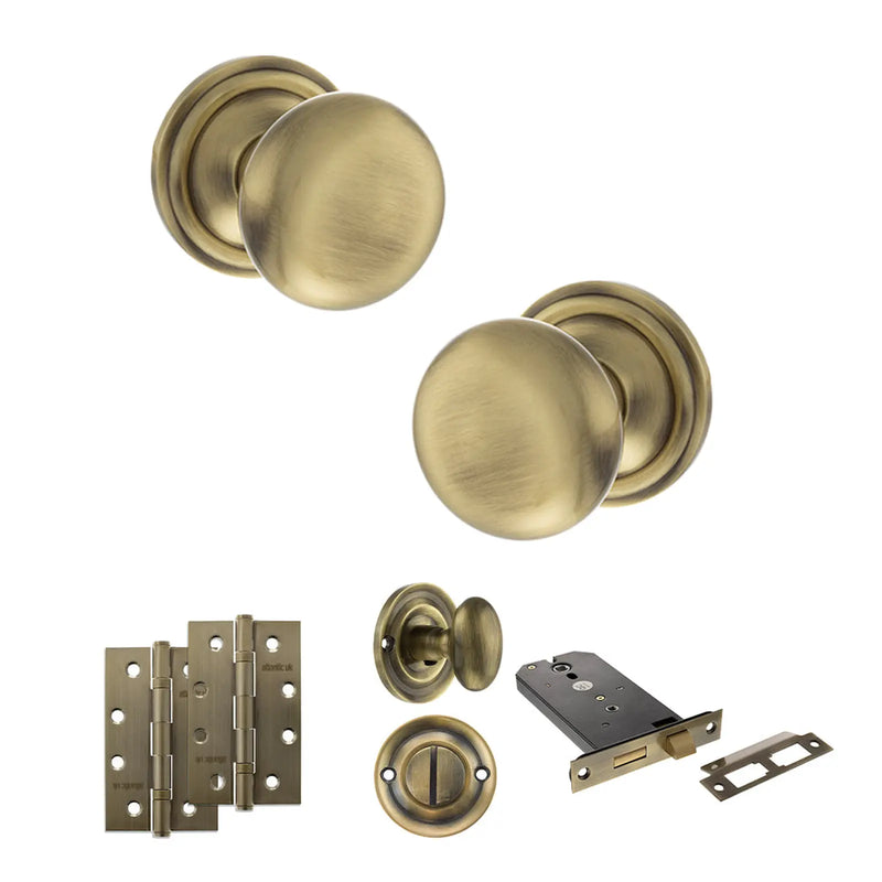 Atlantic Old English Harrogate Door Knob Pack (Lock Set - Horizontal Bathlock, 4" Slim Knuckle Hinges x2)