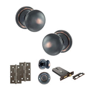 Atlantic Old English Harrogate Door Knob Pack (Lock Set - Horizontal Bathlock, 4" Slim Knuckle Hinges x2)
