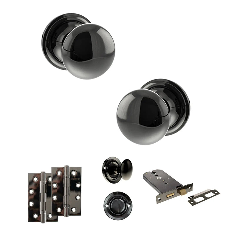 Atlantic Old English Harrogate Door Knob Pack (Lock Set - Horizontal Bathlock, 4" Slim Knuckle Hinges x2)