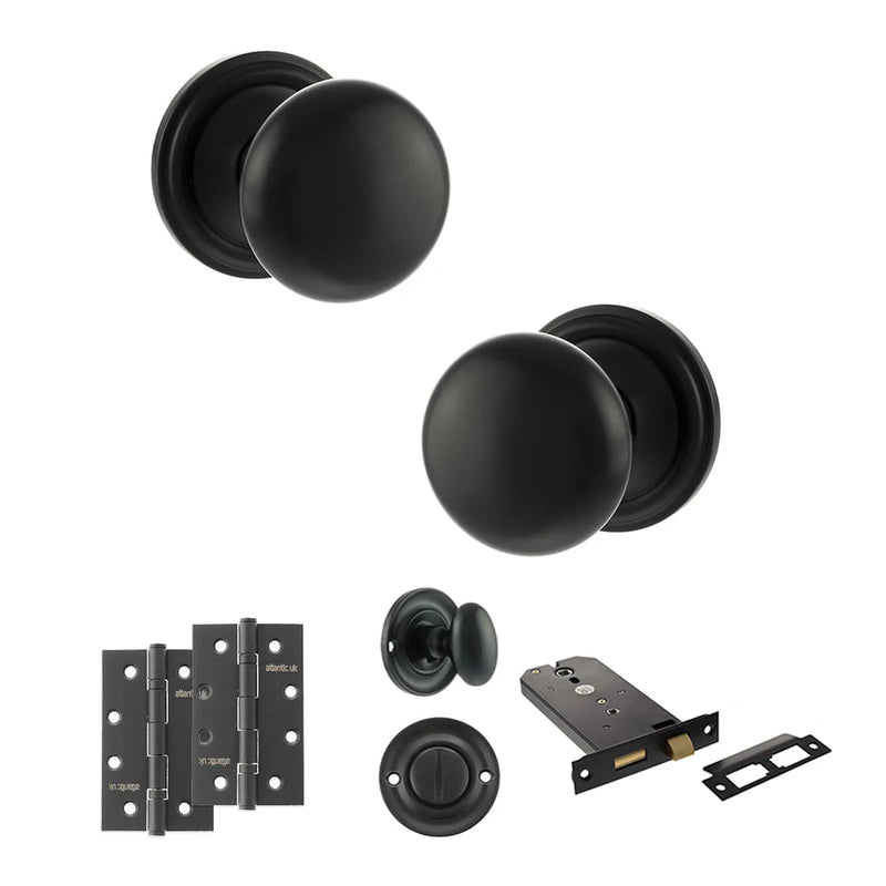 Atlantic Old English Harrogate Door Knob Pack (Lock Set - Horizontal Bathlock, 4" Slim Knuckle Hinges x2)