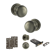 Atlantic Old English Harrogate Door Knob Pack (Lock Set - Horizontal Bathlock, 4" Slim Knuckle Hinges x2)
