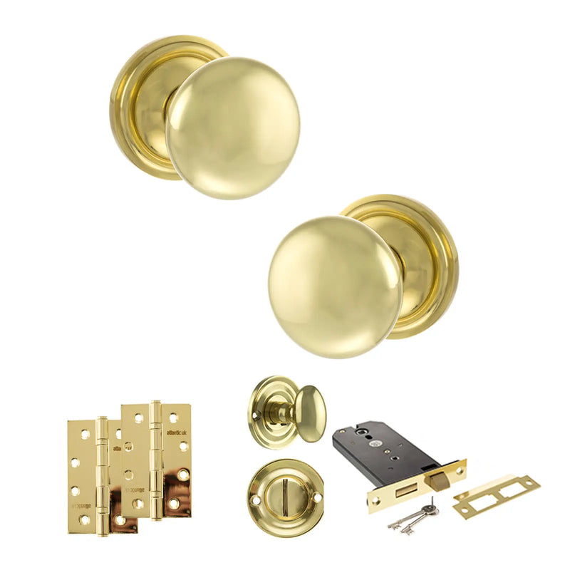 Atlantic Old English Harrogate Door Knob Pack (Lock Set - Horizontal Bathlock, 4" Slim Knuckle Hinges x2)