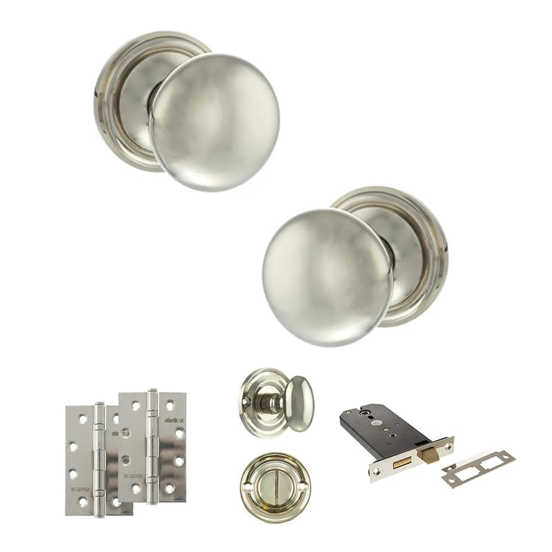 Atlantic Old English Harrogate Door Knob Pack (Lock Set - Horizontal Bathlock, 4" Slim Knuckle Hinges x2)