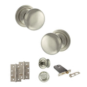 Atlantic Old English Harrogate Door Knob Pack (Lock Set - Horizontal Bathlock, 4" Slim Knuckle Hinges x2)