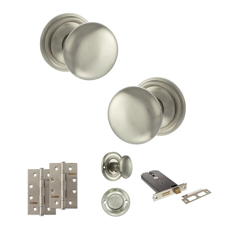 Atlantic Old English Harrogate Door Knob Pack (Lock Set - Horizontal Bathlock, 4" Slim Knuckle Hinges x2)