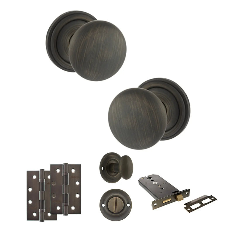 Atlantic Old English Harrogate Door Knob Pack (Lock Set - Horizontal Bathlock, 4" Slim Knuckle Hinges x2)