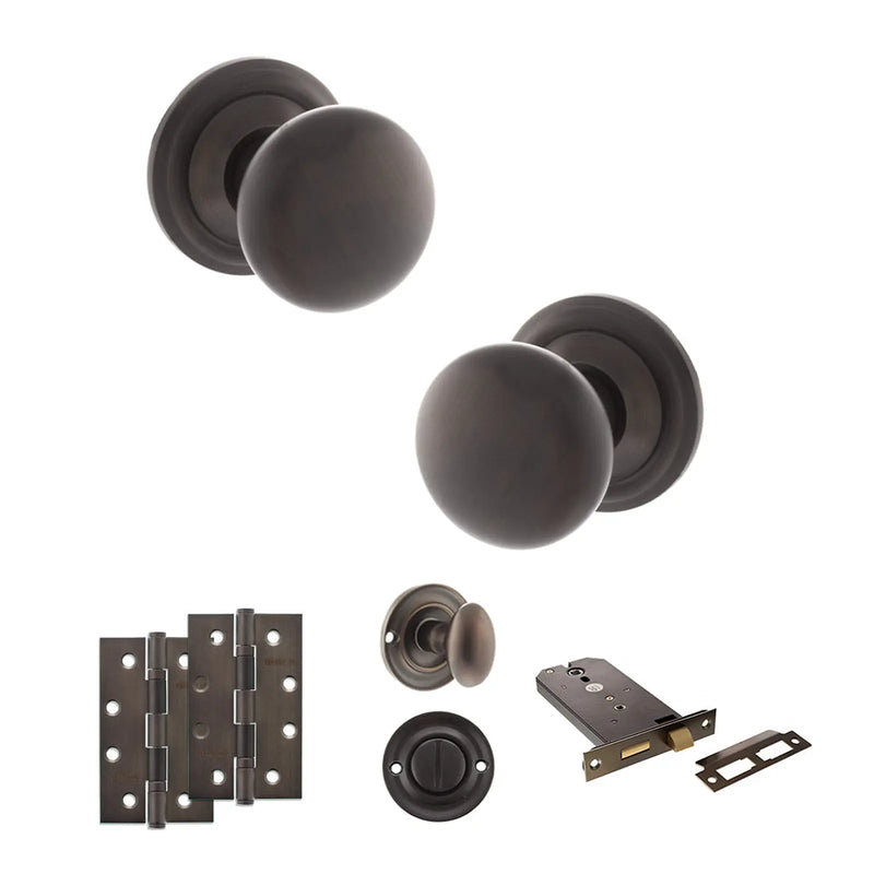 Atlantic Old English Harrogate Door Knob Pack (Lock Set - Horizontal Bathlock, 4" Slim Knuckle Hinges x2)