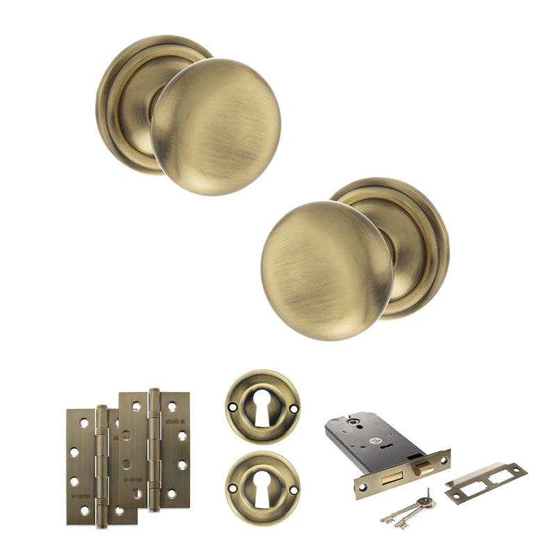 Atlantic Old English Harrogate Door Knob Pack (Lock Set - Horizontal Sashlock, 4" Slim Knuckle Hinges x2)