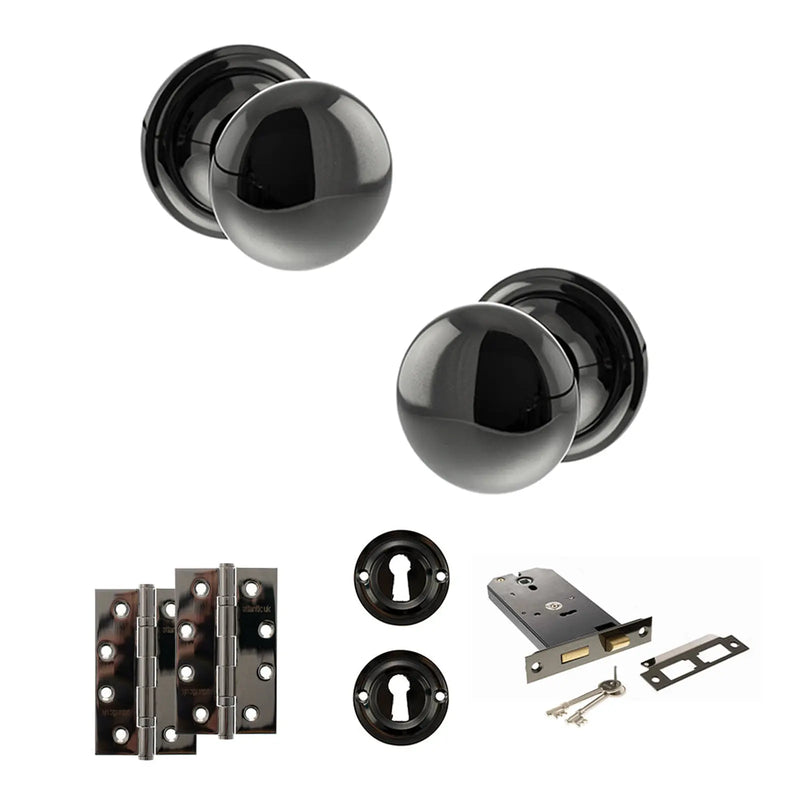 Atlantic Old English Harrogate Door Knob Pack (Lock Set - Horizontal Sashlock, 4" Slim Knuckle Hinges x2)