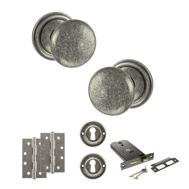 Atlantic Old English Harrogate Door Knob Pack (Lock Set - Horizontal Sashlock, 4" Slim Knuckle Hinges x2)