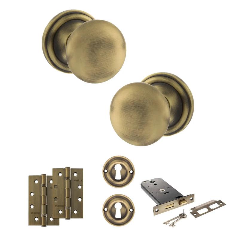 Atlantic Old English Harrogate Door Knob Pack (Lock Set - Horizontal Sashlock, 4" Slim Knuckle Hinges x2)