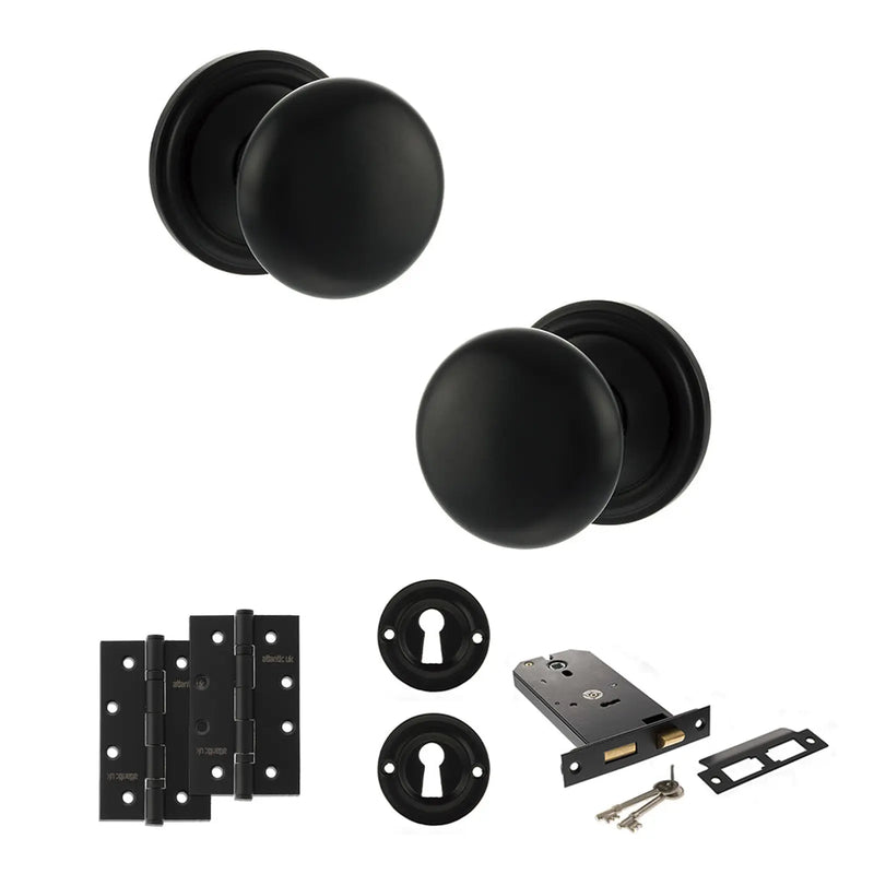 Atlantic Old English Harrogate Door Knob Pack (Lock Set - Horizontal Sashlock, 4" Slim Knuckle Hinges x2)