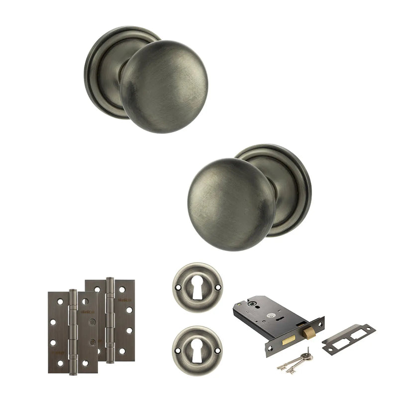 Atlantic Old English Harrogate Door Knob Pack (Lock Set - Horizontal Sashlock, 4" Slim Knuckle Hinges x2)