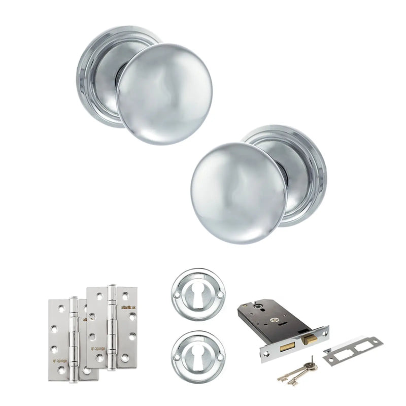 Atlantic Old English Harrogate Door Knob Pack (Lock Set - Horizontal Sashlock, 4" Slim Knuckle Hinges x2)