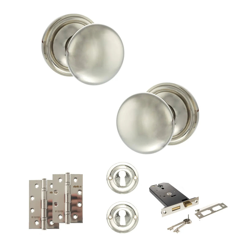 Atlantic Old English Harrogate Door Knob Pack (Lock Set - Horizontal Sashlock, 4" Slim Knuckle Hinges x2)