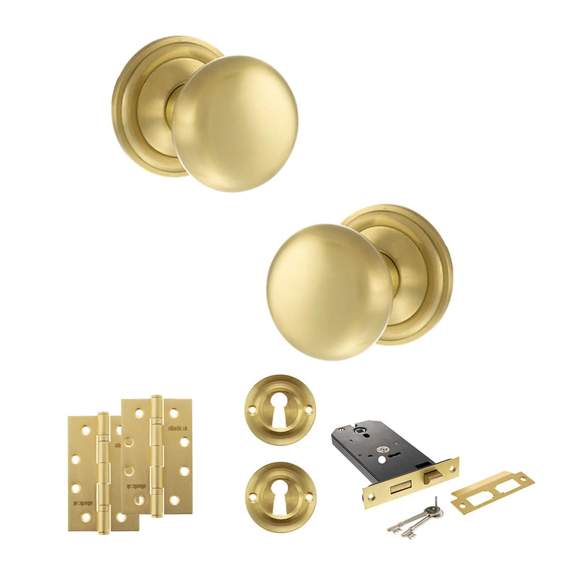 Atlantic Old English Harrogate Door Knob Pack (Lock Set - Horizontal Sashlock, 4" Slim Knuckle Hinges x2)