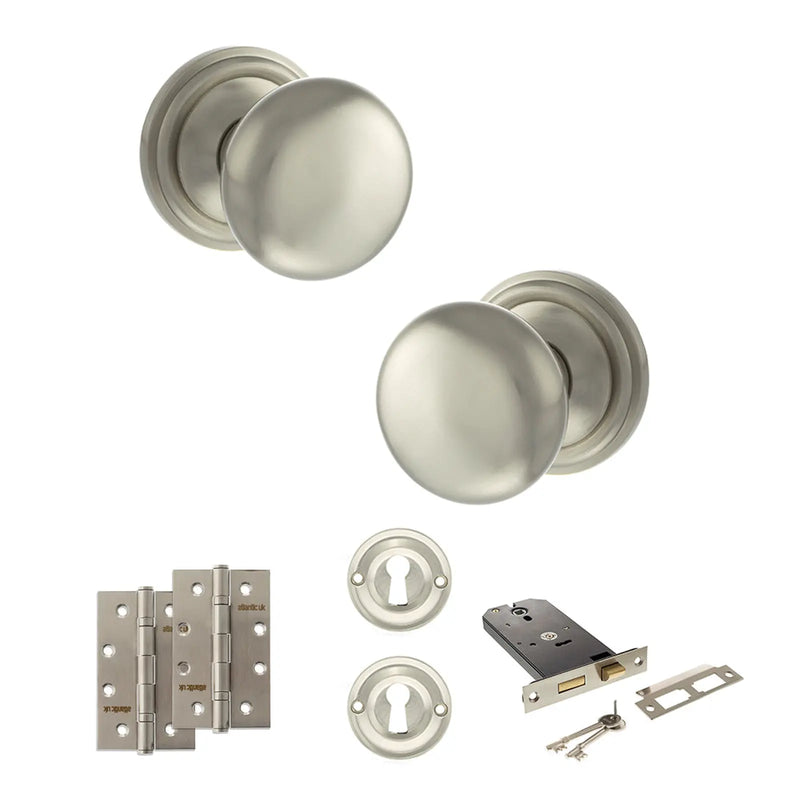 Atlantic Old English Harrogate Door Knob Pack (Lock Set - Horizontal Sashlock, 4" Slim Knuckle Hinges x2)