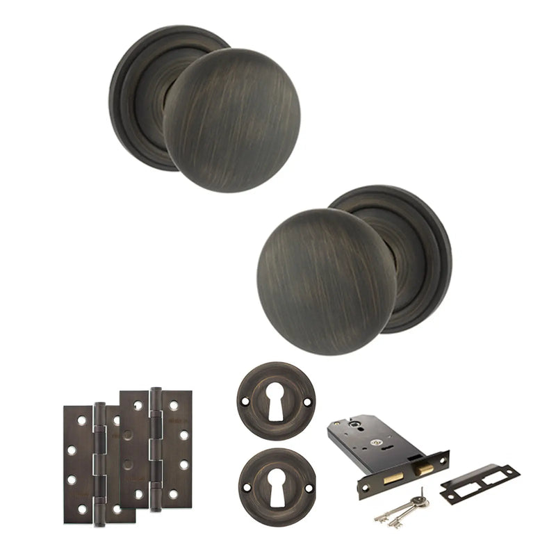 Atlantic Old English Harrogate Door Knob Pack (Lock Set - Horizontal Sashlock, 4" Slim Knuckle Hinges x2)