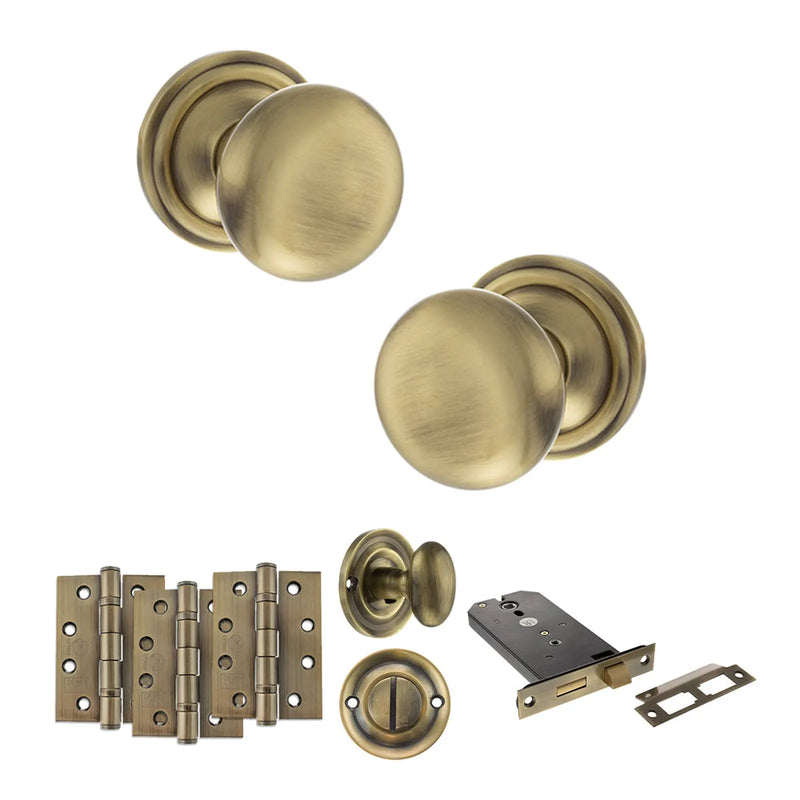 Atlantic Old English Harrogate Door Knob Pack (Lock Set - Horizontal Bathlock, 4" Fire Rated Hinges x3)