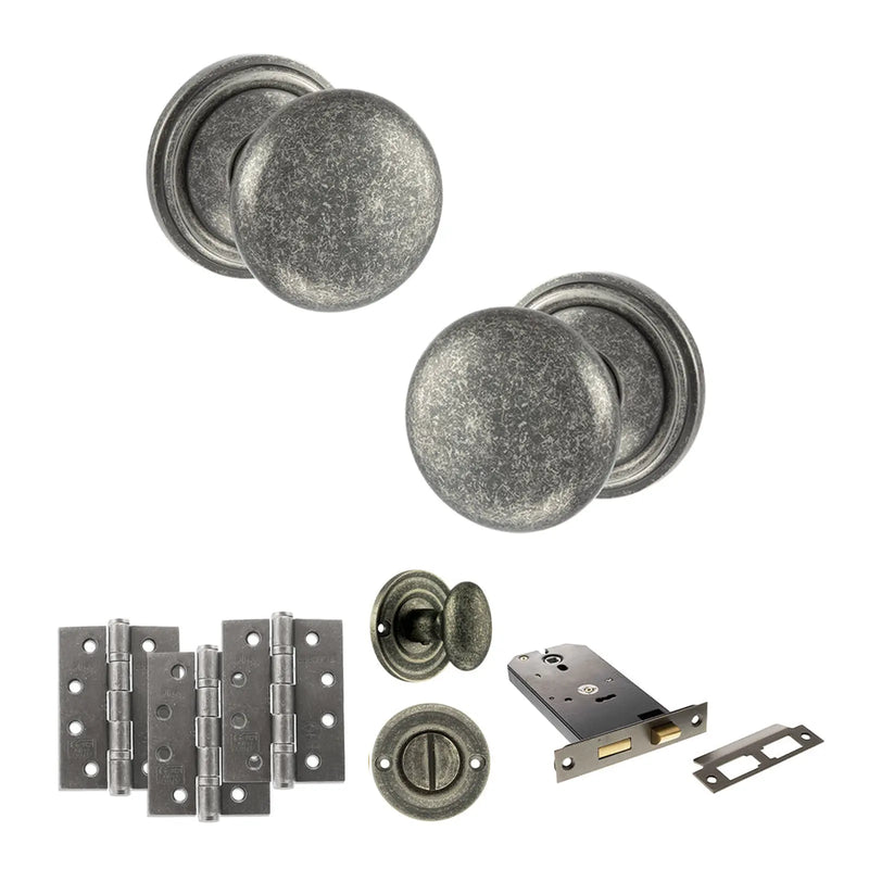 Atlantic Old English Harrogate Door Knob Pack (Lock Set - Horizontal Bathlock, 4" Fire Rated Hinges x3)